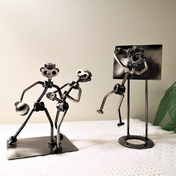 Basketball Player Metal Art Nuts & Bolts Figurine Sculpture (Set of 2)